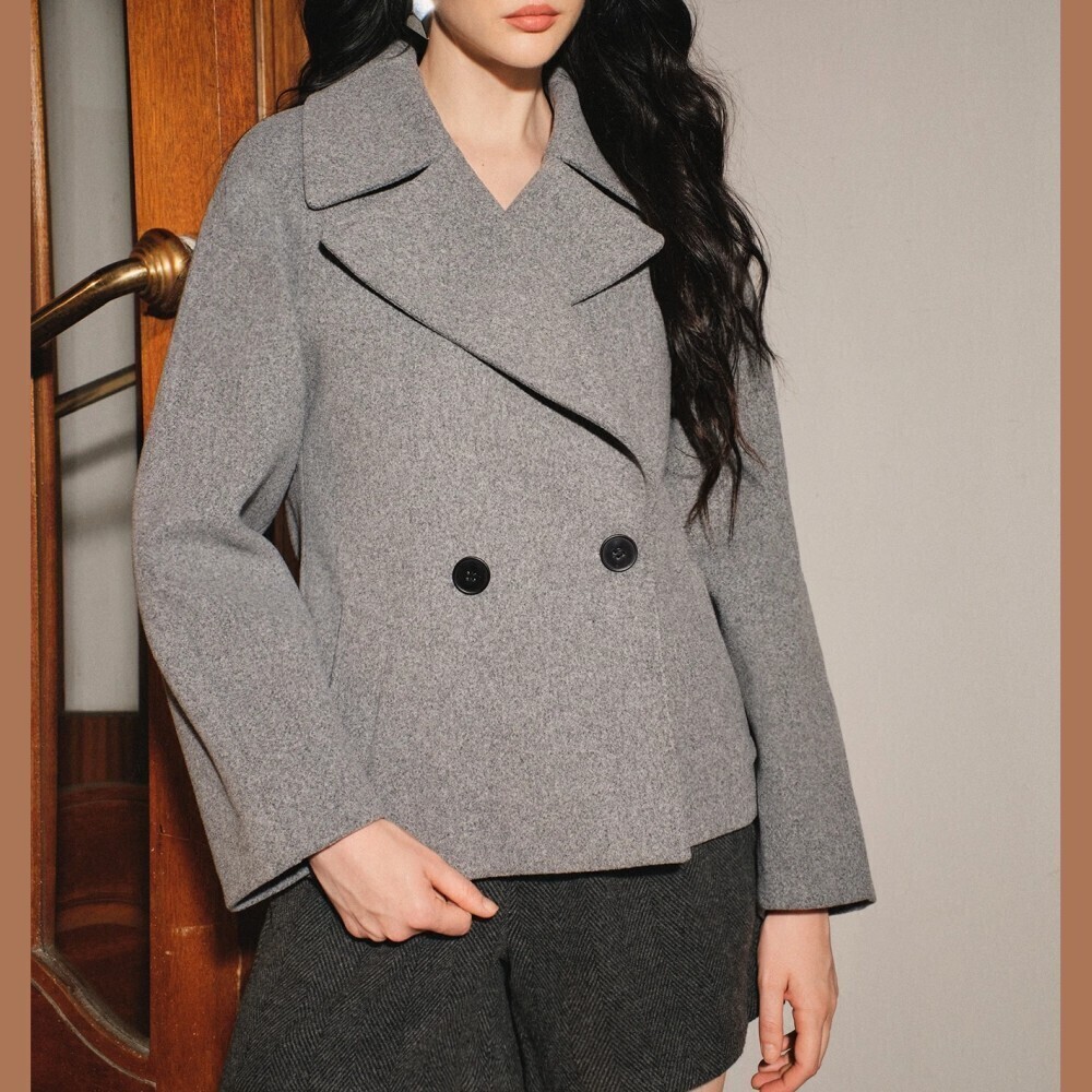 Heather Gray Notch Lapel Double Breasted Short Brushed Pea Coat